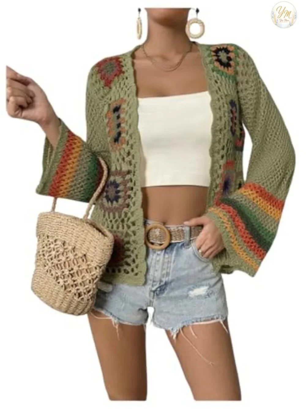 Women's Floral Crochet Long Sleeve Cardigan Hollow Out Open Front Lightweight